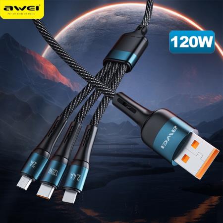 کابل شارژ 1به3 آوی microUSB-USB-C-لایتنینگ مدل Awei CL972 طول کابل 120 سانتیمتر