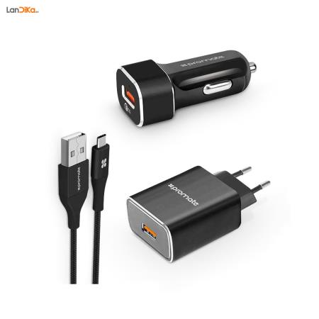 شارژر دیواری پرومیت مدل UniGear-QC3 UE به همراه شارژر فندکی و کابل تبدیل USB به USB-C