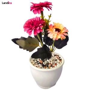 گلدان به همراه گل مصنوعی مدل ژرورا مینایی