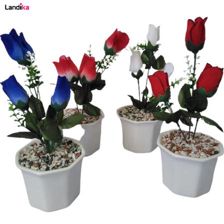 گلدان به همراه گل رز مصنوعی مدل هشت گوش