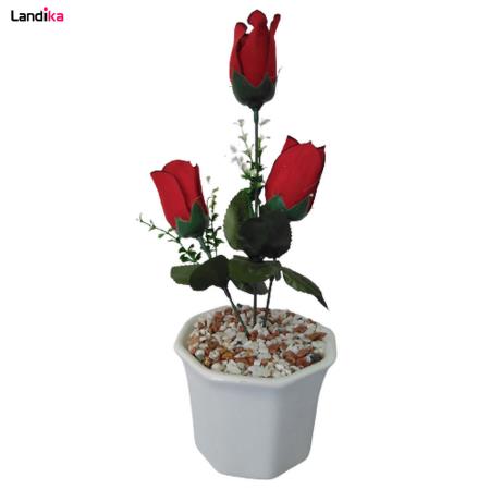 گلدان به همراه گل رز مصنوعی مدل هشت گوش