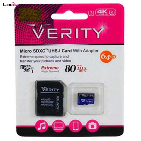 کارت حافظه microSDXC وریتی مدل 4K کلاس 10 استاندارد UHS-I U3 سرعت 80MBps ظرفیت 64 گیگابایت به همراه آداپتور SD
