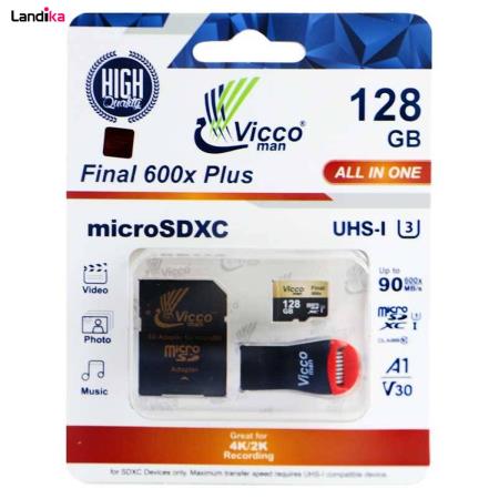 کارت حافظه microSDXC ویکومن مدل Final 600x plus کلاس 10 استاندارد UHS-I U3 سرعت 90MBs ظرفیت 128 گیگابایت به همراه آداپتور SD و رم ریدر