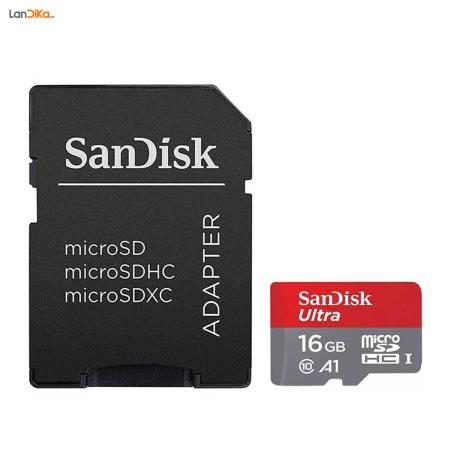 کارت حافظه microSDHC سن دیسک مدل Ultra کلاس 10 و A1 استاندارد UHS-I U1 سرعت 98MB/s 653X همراه با آداپتور SD ظرفیت 16 گیگابایت